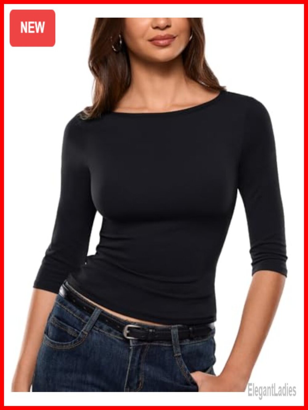 Women's 3/4 Sleeve Boat Neck Slim Fit Stretch T-Shirt Top